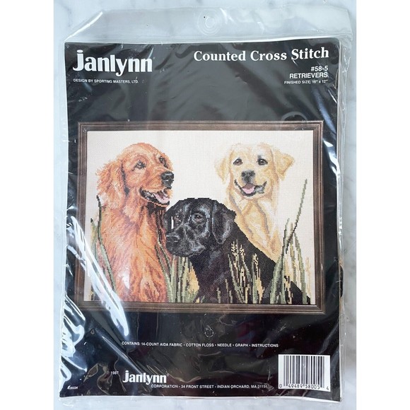 Janlynn Golden Retrievers Black Dogs Cross Stitch Kit Vintage 1987 NEW Sealed - Picture 1 of 4